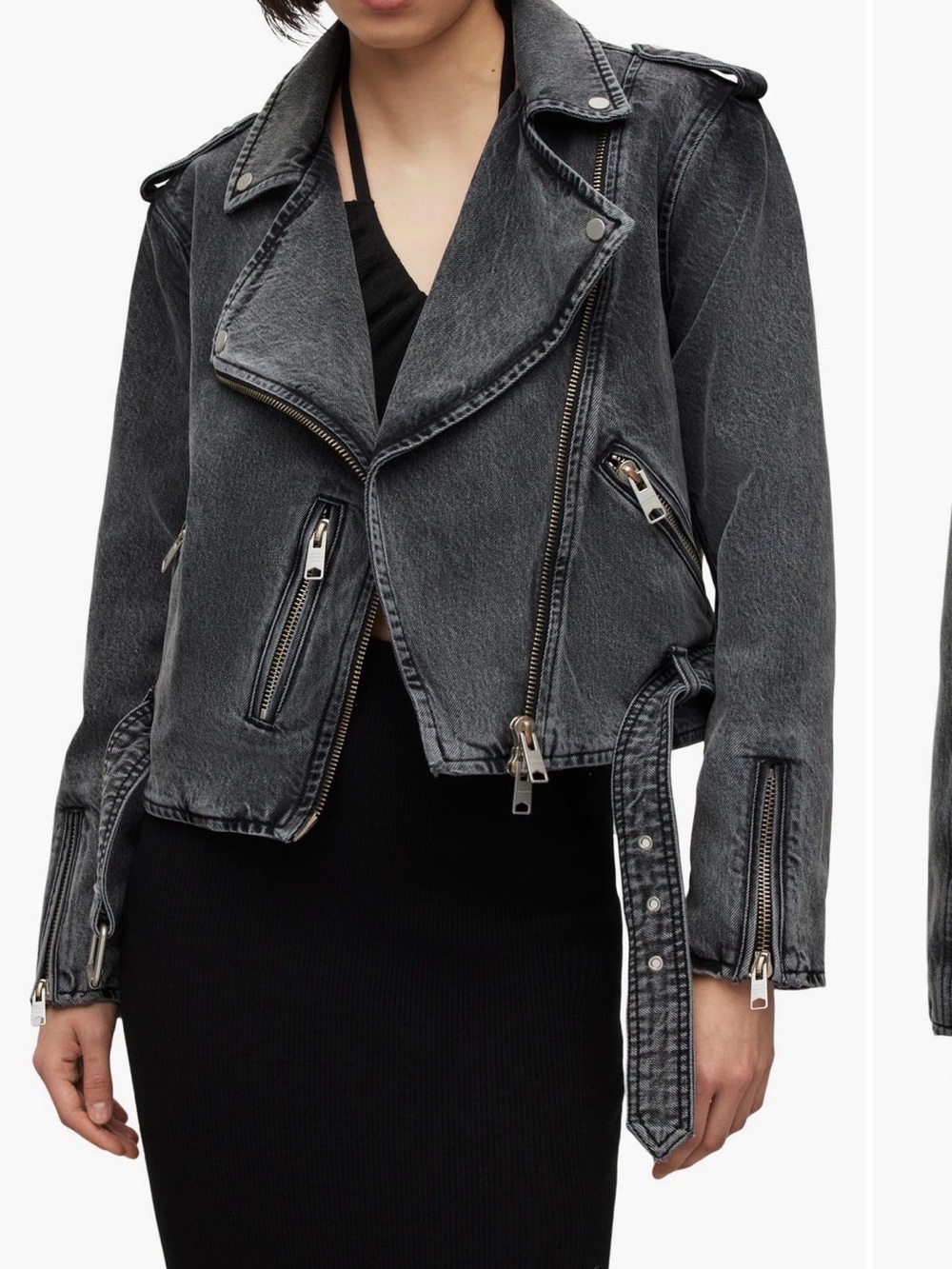 AllSaints Denim Jacket Washed Black Moto Biker Balfern - Women’s Size 6